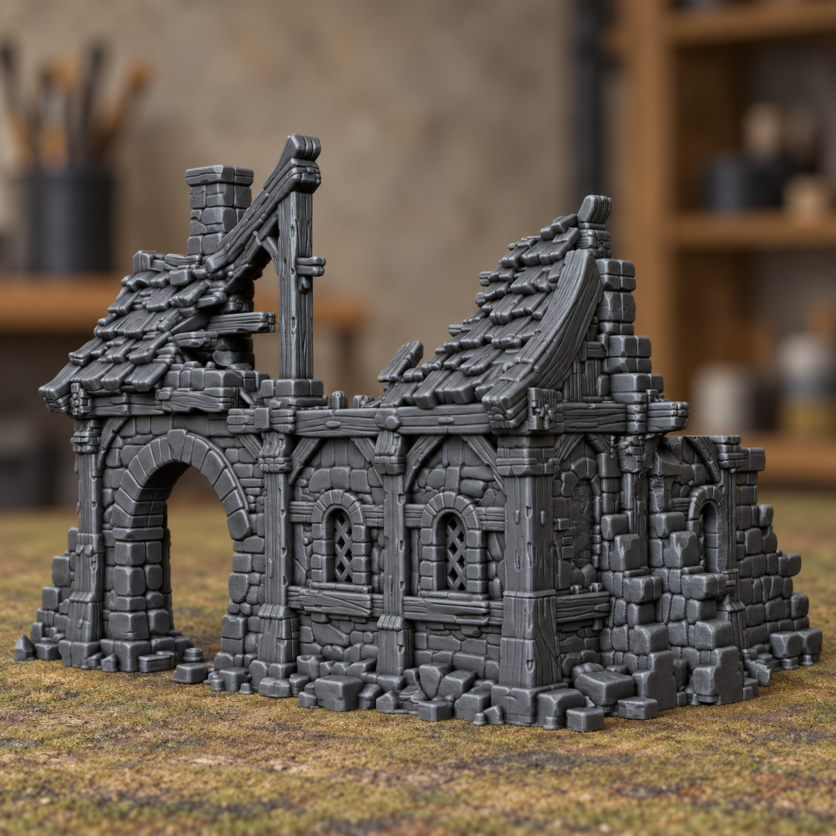 Ruined House with Twin Roof Gables - Digital product illustration