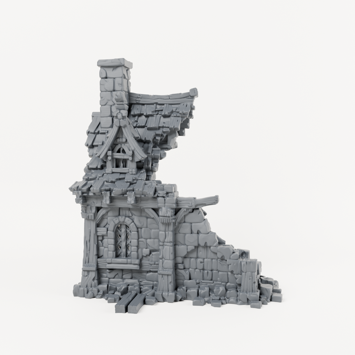 Ruined House with Tall Chimney - Exact included printed components, front view