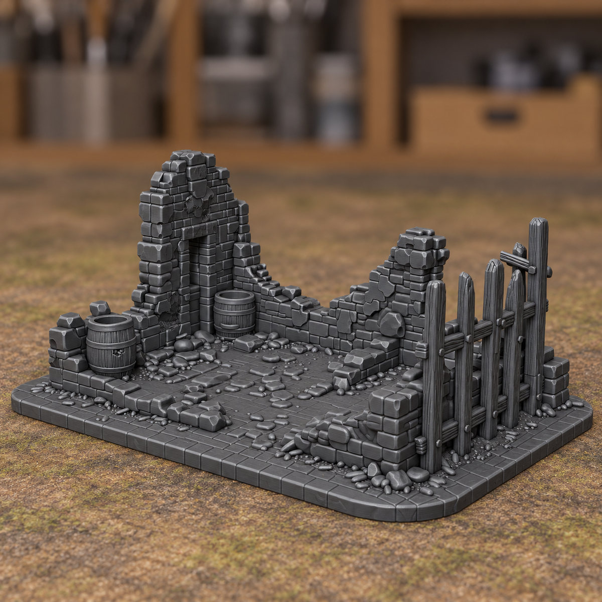 Ruined House Foundation with Barrels - Digital product illustration