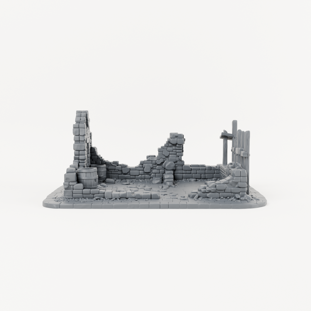 Ruined House Foundation with Barrels - Exact included printed components, front view
