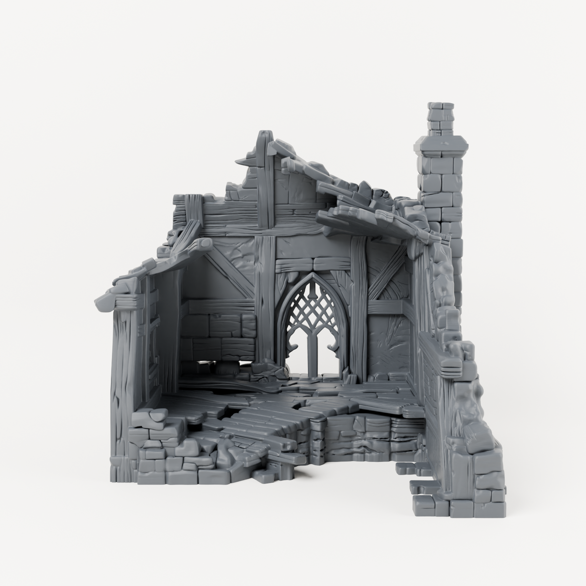 Chimney House Ruin with Gothic Door - Exact included printed components, front view