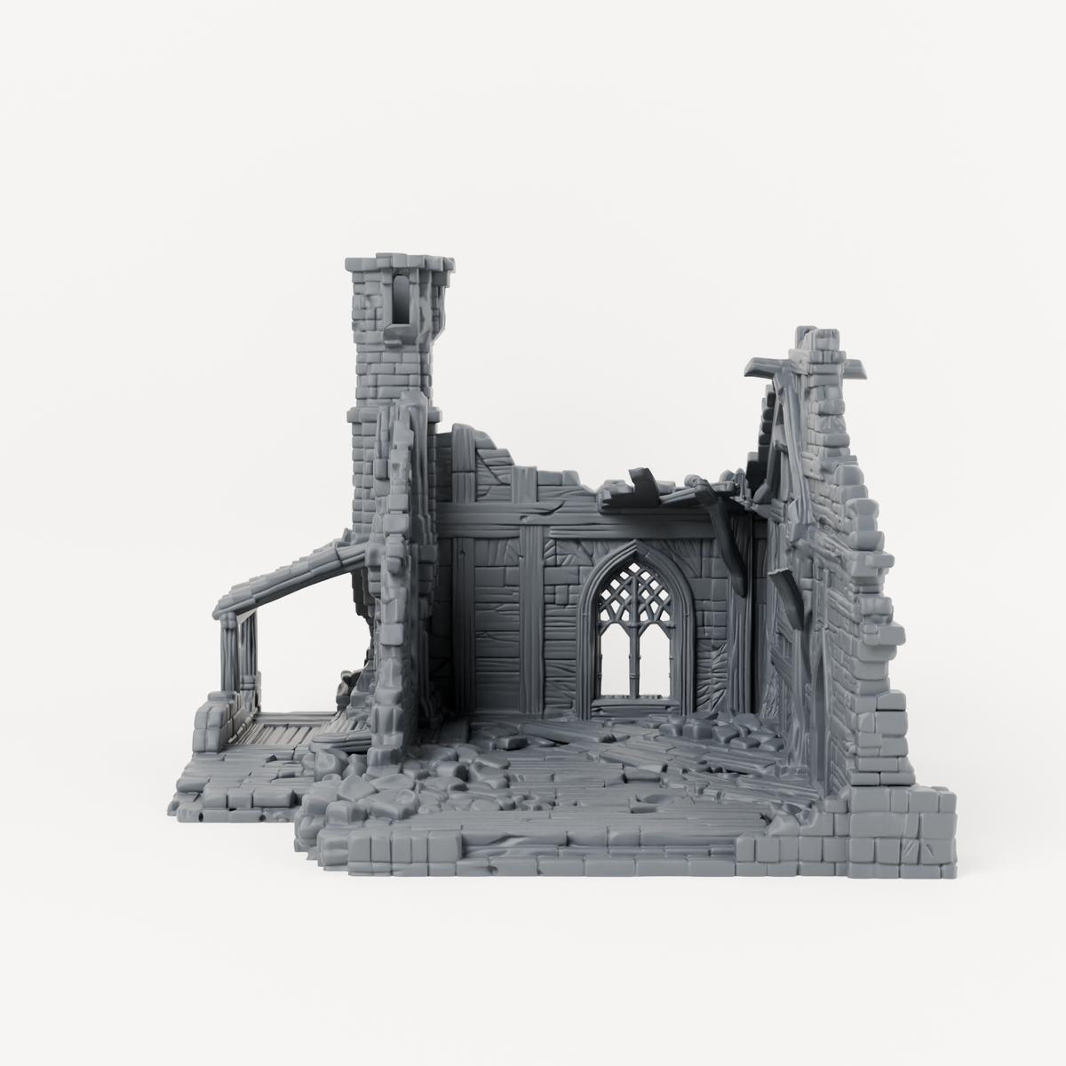 Gabled House Ruin with Chimney - Exact included printed components, front view