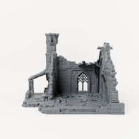 Gabled House Ruin with Chimney - Exact included printed components, front view