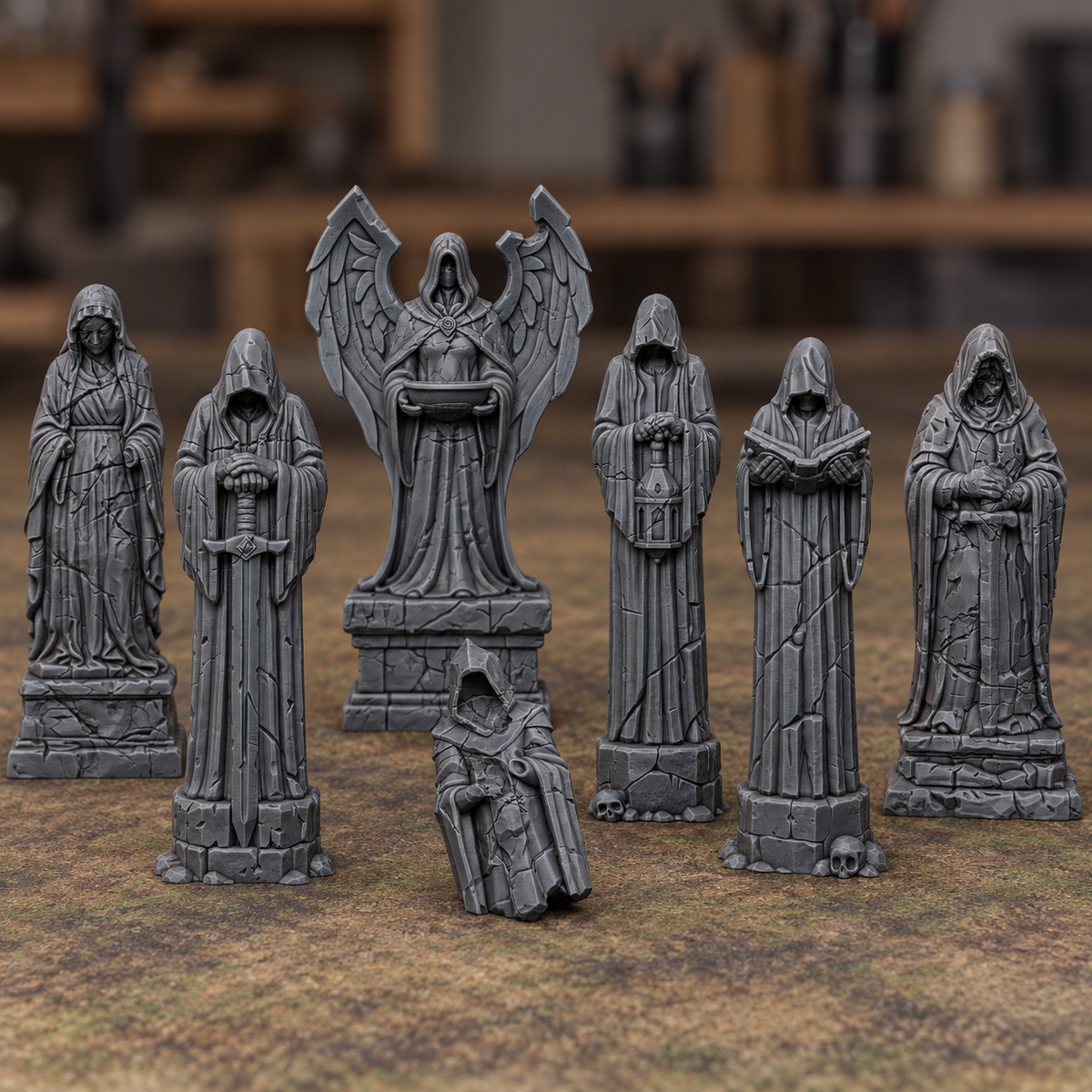 Seven Weathered Statue Scenery Pieces - Digital product illustration