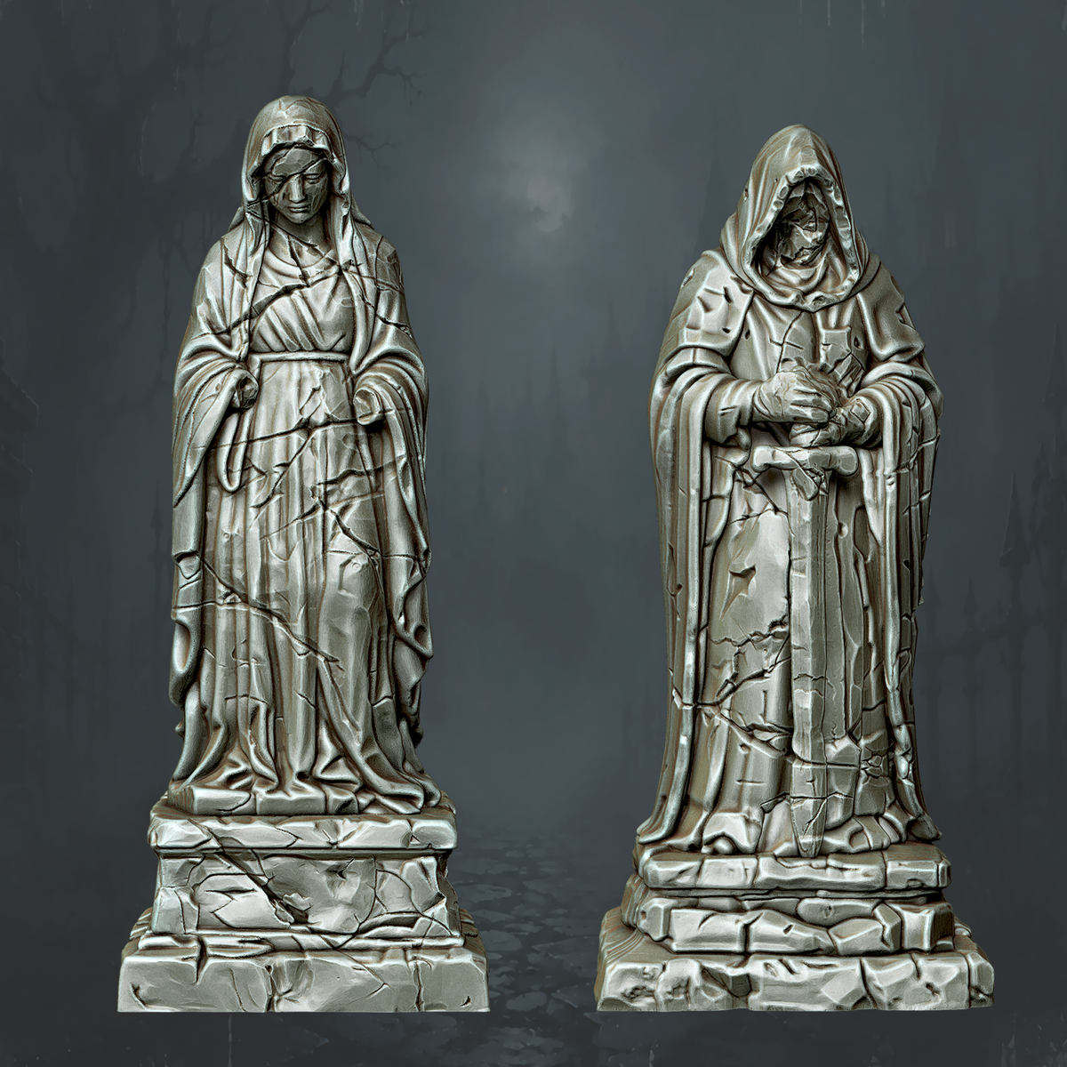 Seven Weathered Statue Scenery Pieces - Supplied digital detail reference showing two of the seven included scenery pieces