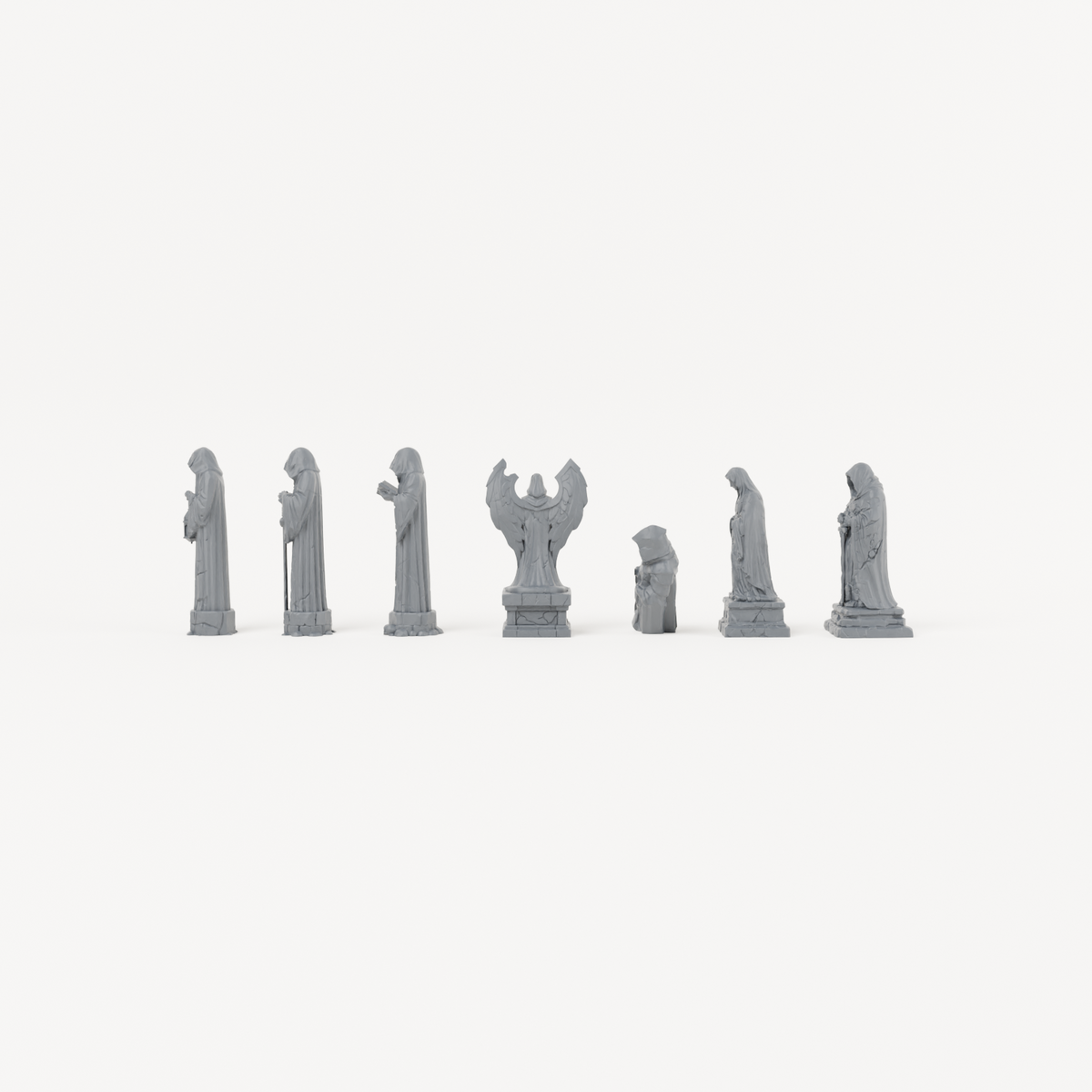 Seven Weathered Statue Scenery Pieces - Exact included printed components, front view
