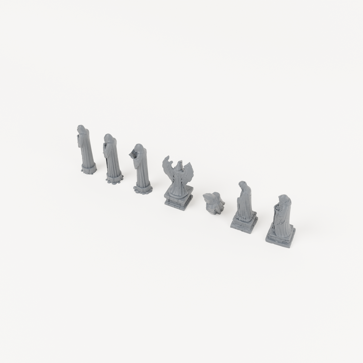 Seven Weathered Statue Scenery Pieces - Exact included printed components, alternate view