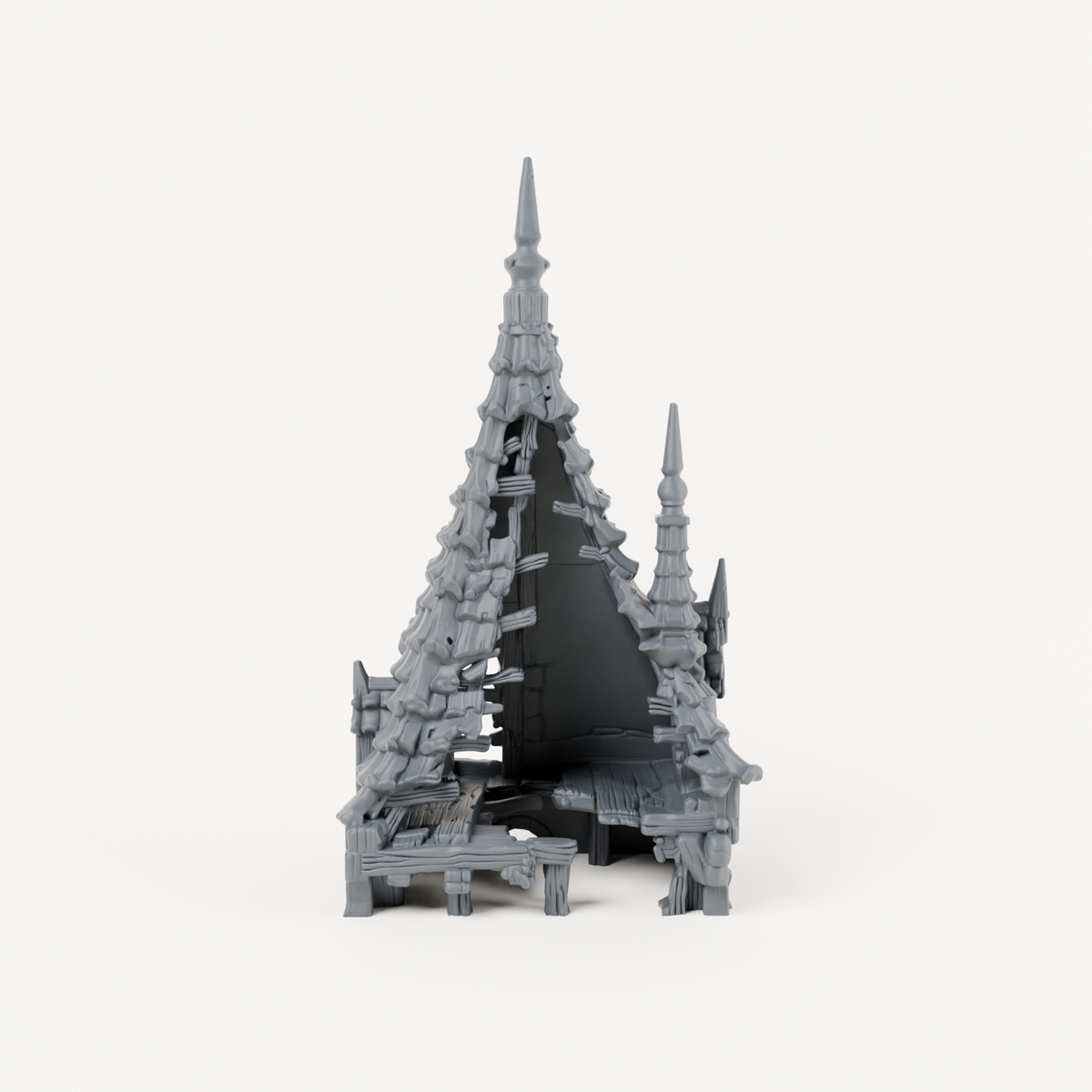 Ruined Tower with Tiled Spires - Exact included printed components, front view