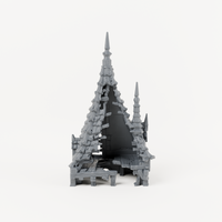 Ruined Tower with Tiled Spires - Exact included printed components, front view