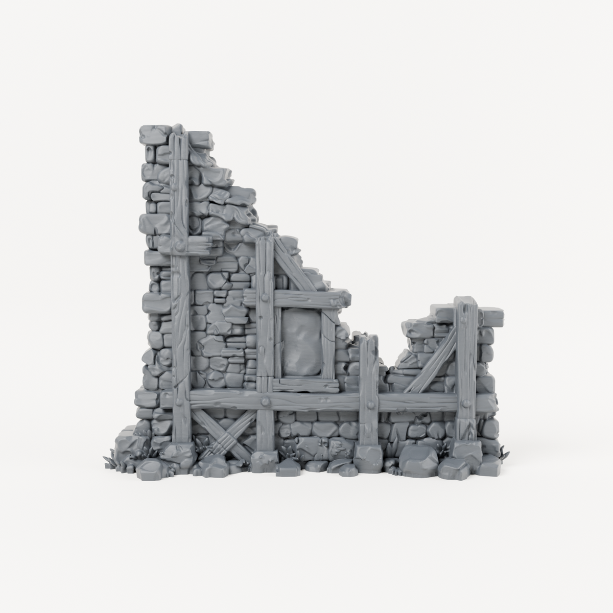 Timber Braced Ruined Wall - Exact included printed components, front view