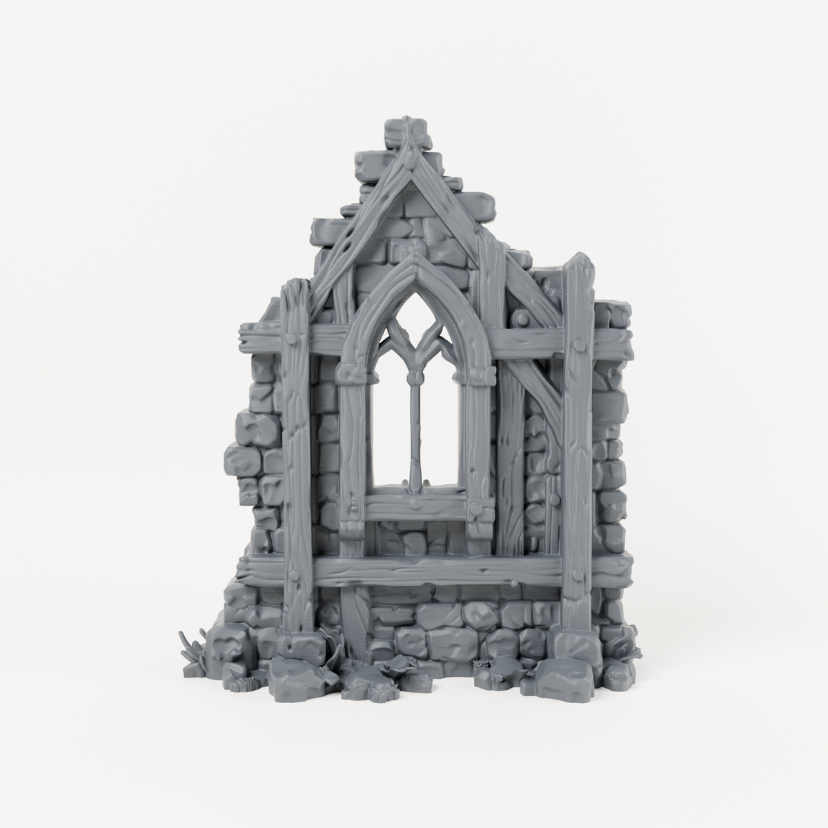 Ruined Gothic Tracery Window Wall - Exact included printed components, front view