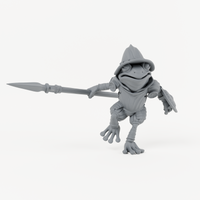 Sacred Swamp Frog Spearman 3 sculpt in charcoal-grey resin, unpainted.