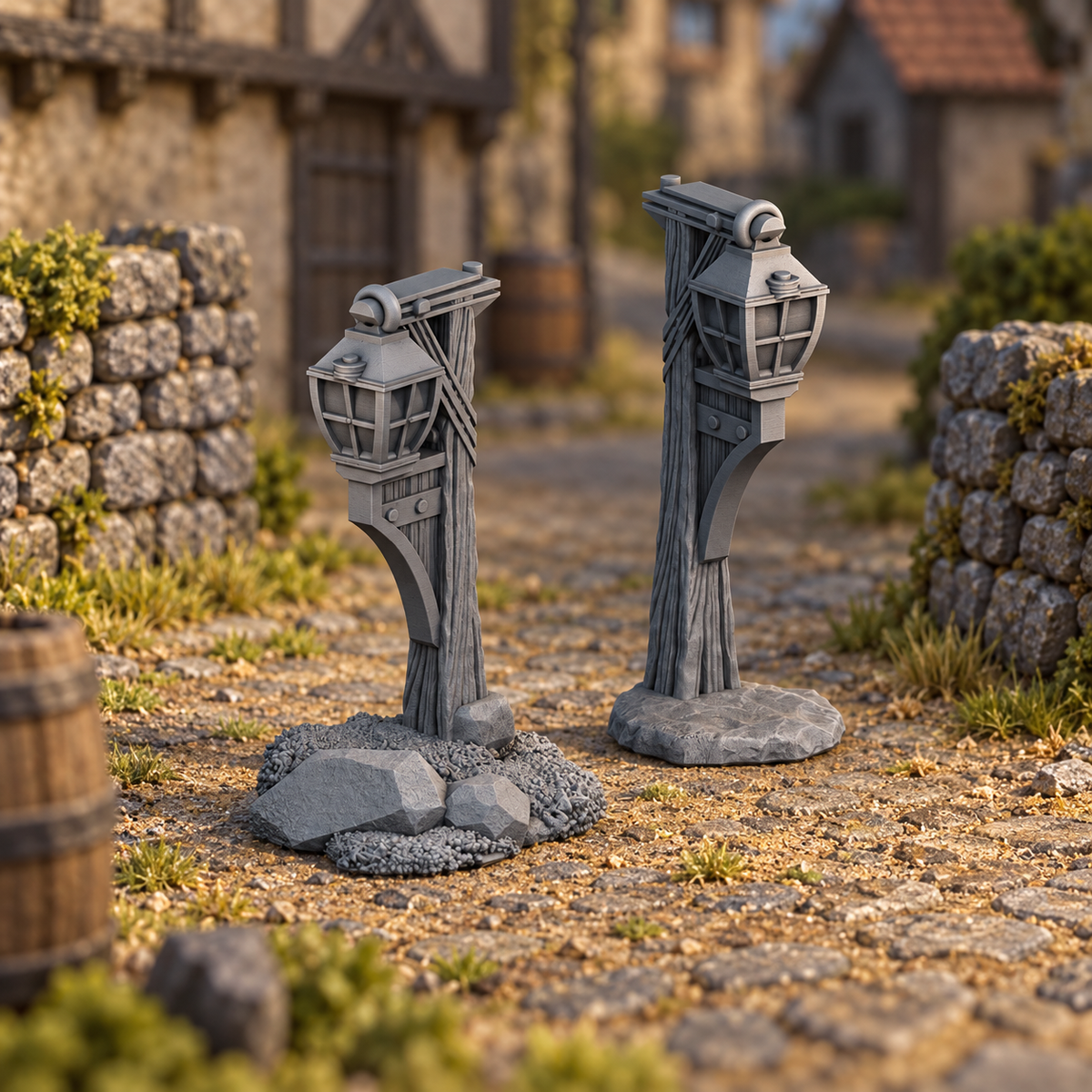 Supplementary product photo for Lantern Set 28mm DND Scatter Terrain | Tabletop Wargaming Scenery for Warhammer, Frostgrave & RPG | Unpainted 3D Printed in unpainted charcoal grey PLA