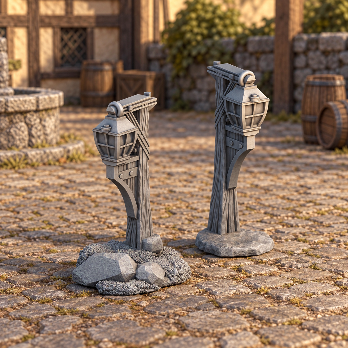 Supplementary product photo for Lantern Set 28mm DND Scatter Terrain | Tabletop Wargaming Scenery for Warhammer, Frostgrave & RPG | Unpainted 3D Printed in unpainted charcoal grey PLA