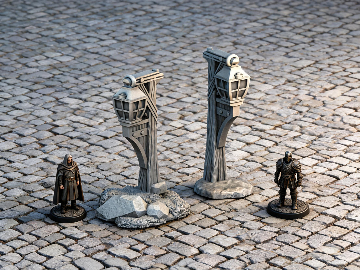 Unpainted Lantern Set 28mm terrain with scale miniatures shown for context; miniatures not included