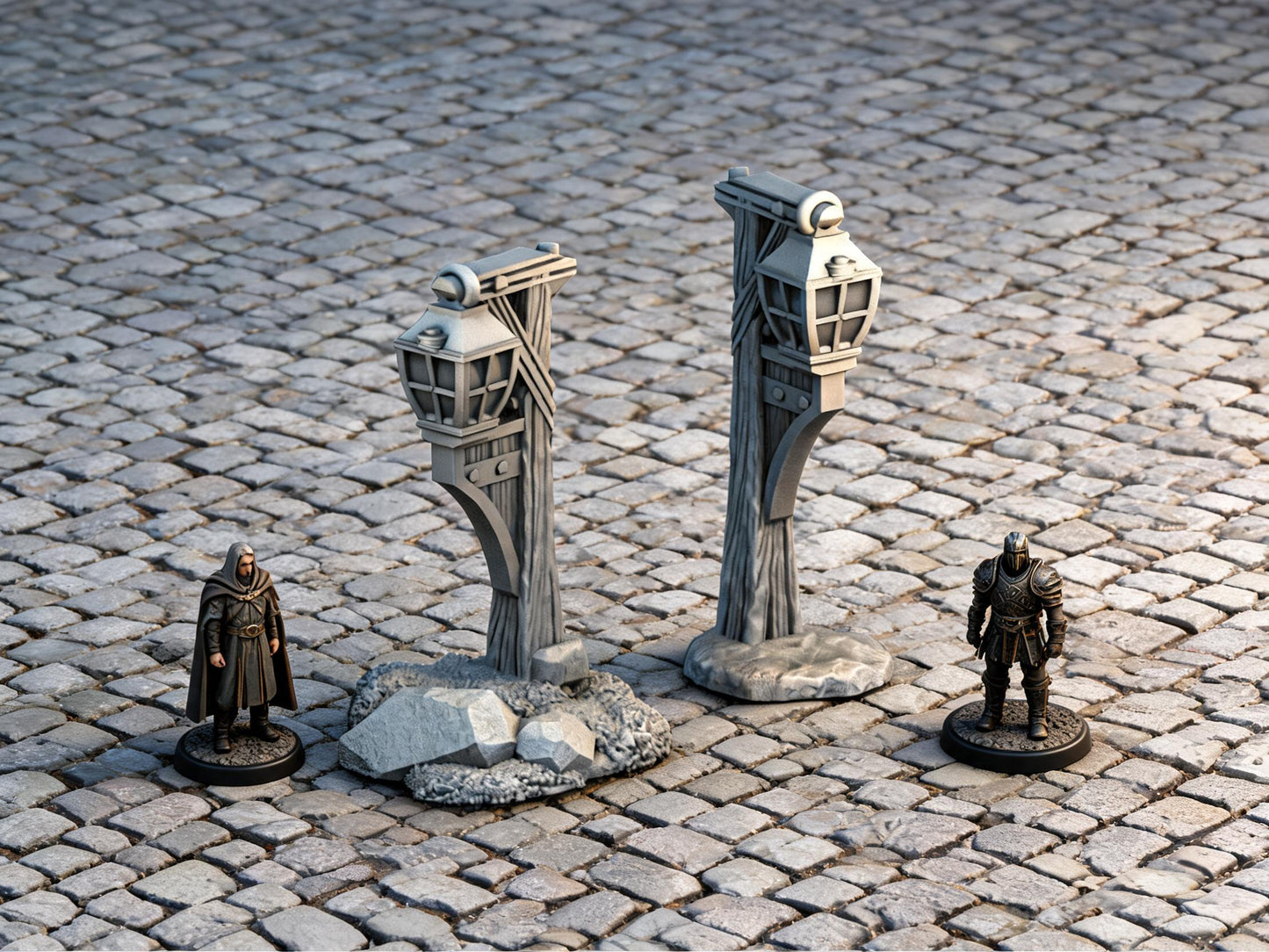Unpainted Lantern Set 28mm terrain with scale miniatures shown for context; miniatures not included