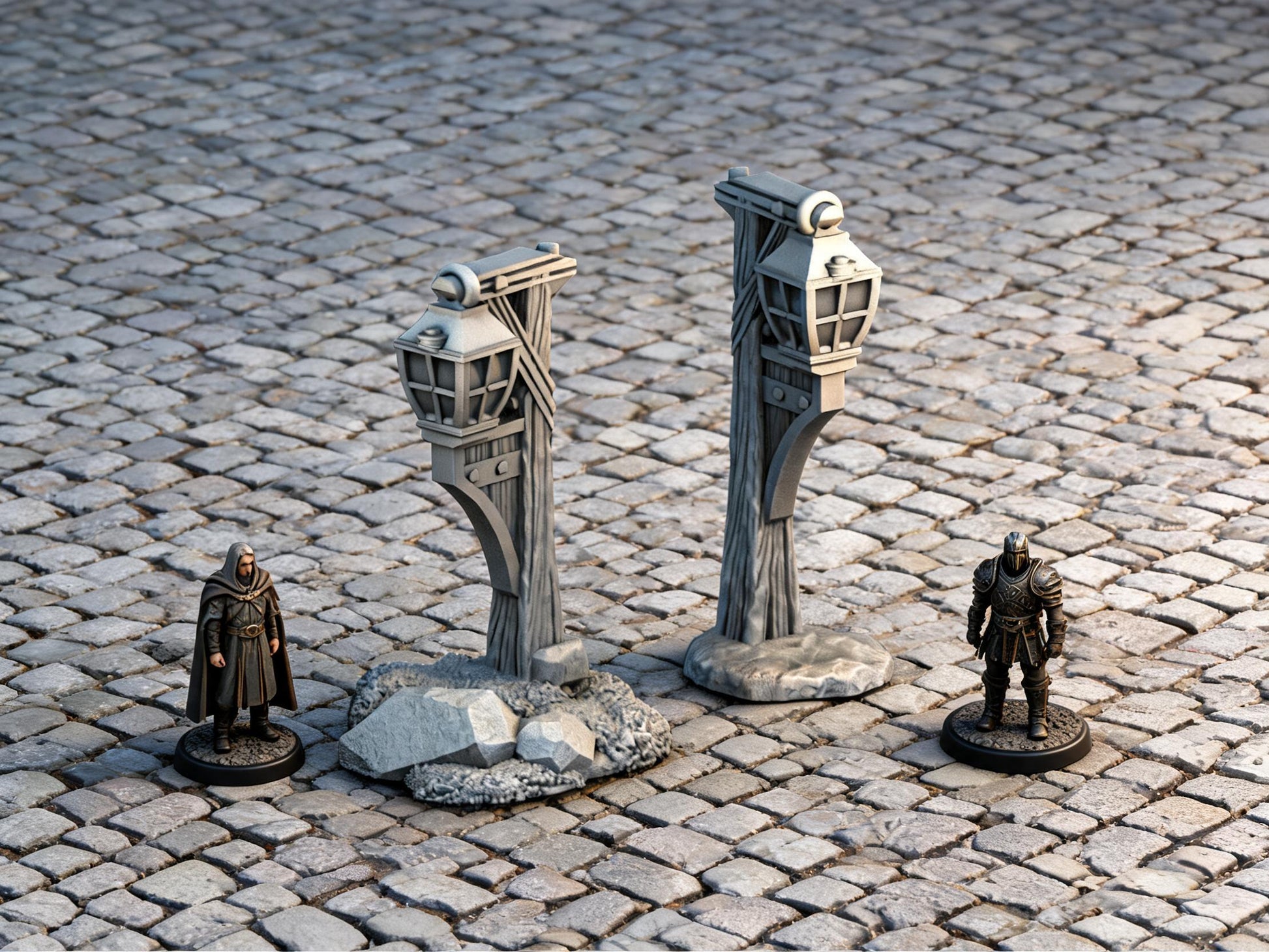 Unpainted Lantern Set 28mm terrain with scale miniatures shown for context; miniatures not included