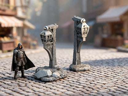 Unpainted Lantern Set 28mm terrain with scale miniatures shown for context; miniatures not included