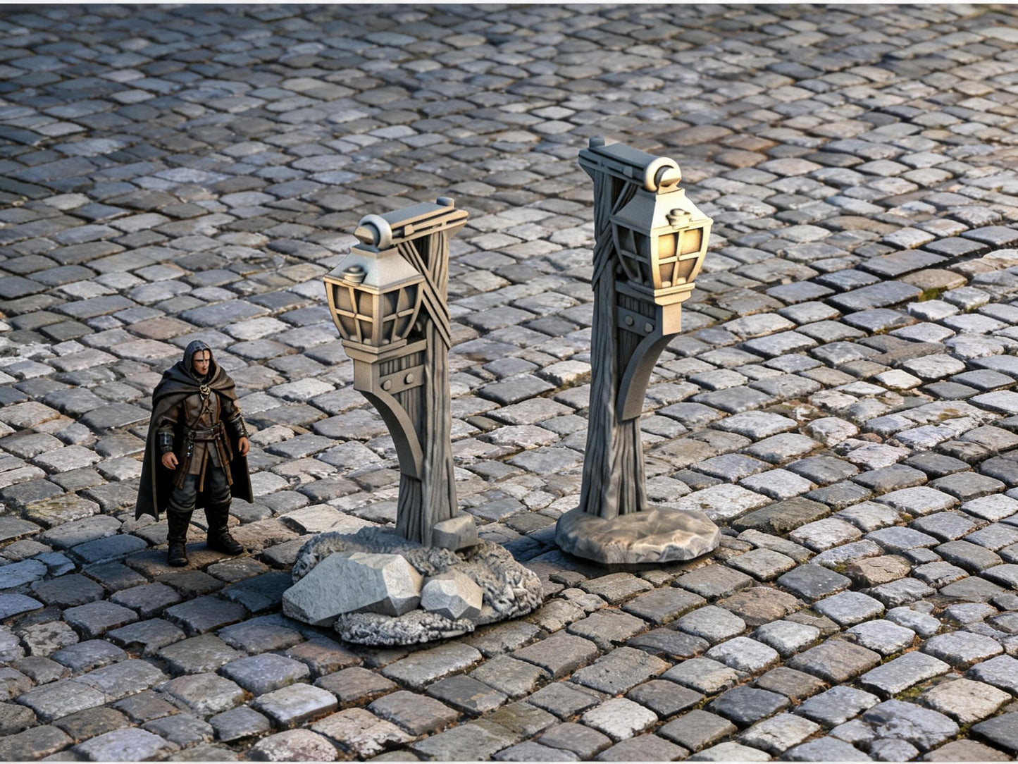 Unpainted Lantern Set 28mm terrain with scale miniatures shown for context; miniatures not included