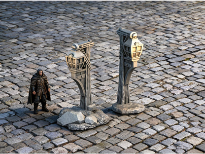 Unpainted Lantern Set 28mm terrain with scale miniatures shown for context; miniatures not included