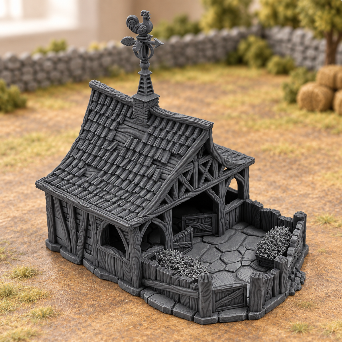Supplementary product photo for Sheep Barn - 28mm Tabletop Terrain for D&D and Wargaming in unpainted charcoal grey PLA