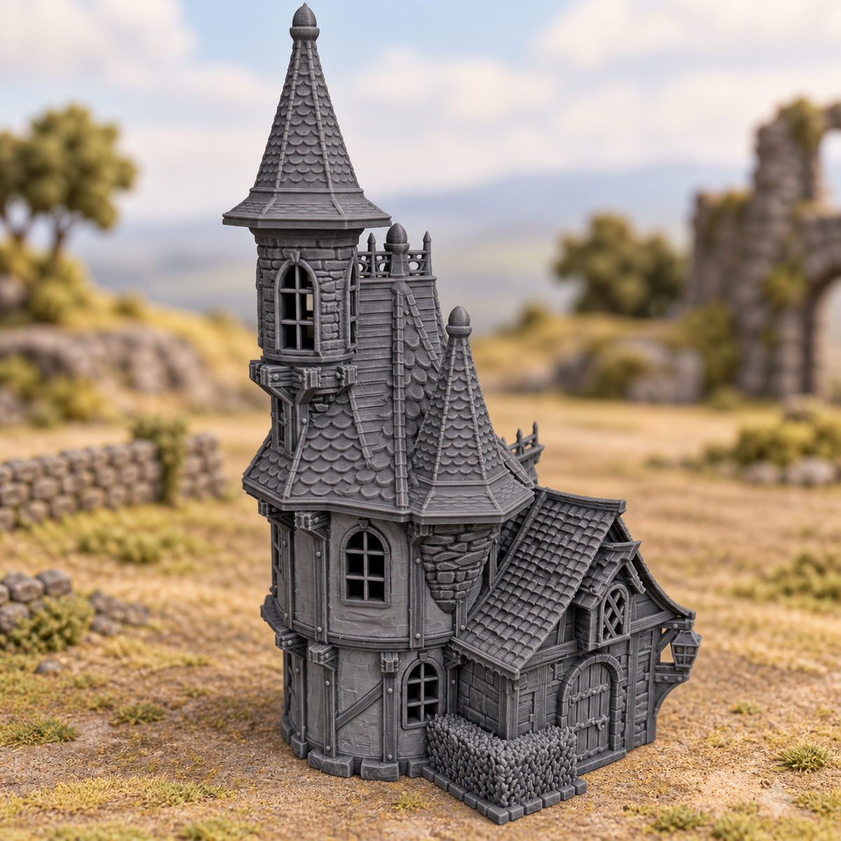 Supplementary product photo for Spire Roof House - 28mm DND/Wargame/RPG Terrain in unpainted charcoal grey PLA