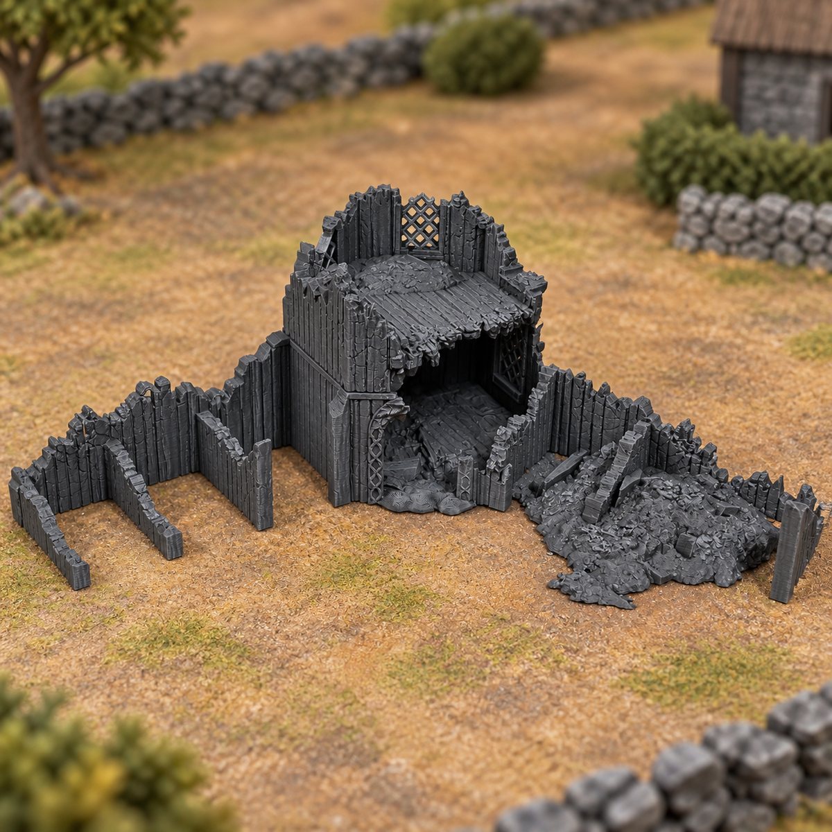 Supplementary product photo for Stable Ruin - 28mm Tabletop Terrain for Epic Adventures in unpainted charcoal grey PLA