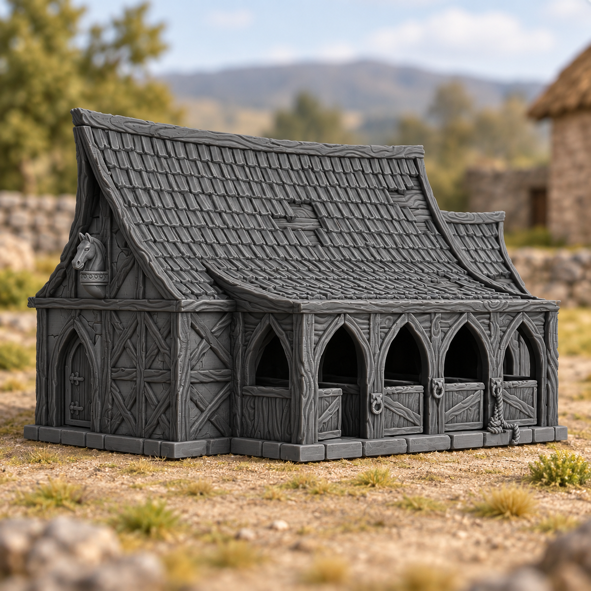 Supplementary product photo for Stables: A 28mm Terrain Piece for Epic Adventures in unpainted charcoal grey PLA
