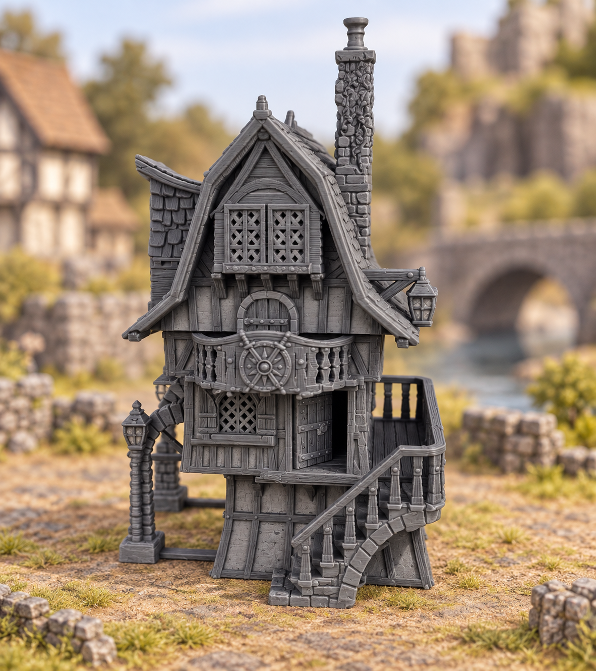 Supplementary product photo for Stonevale Villa - 28mm Tabletop Terrain in unpainted charcoal grey PLA