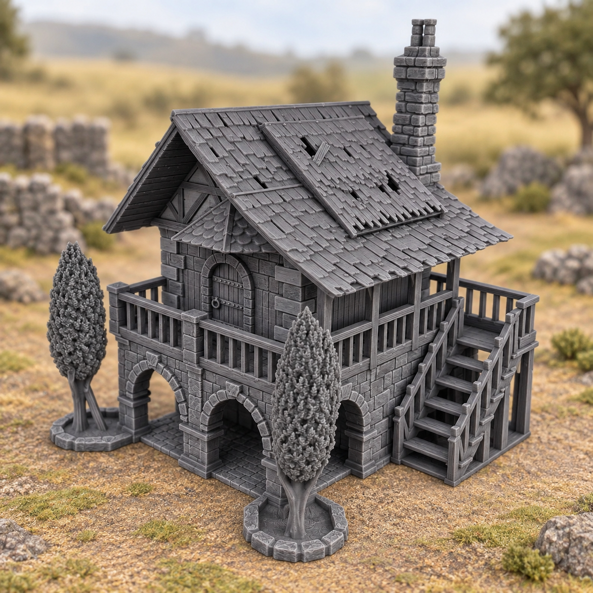 Supplementary product photo for Strawberry Field Abode - 28mm DND/Wargame/RPG Terrain in unpainted charcoal grey PLA