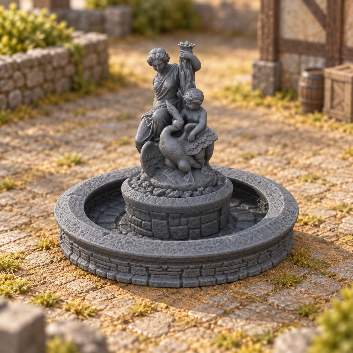 Supplementary product photo for Swan Fountain 28mm DND Scatter Terrain | Tabletop Wargaming Scenery for Warhammer, Frostgrave & RPG | 3D Printed in unpainted charcoal grey PLA