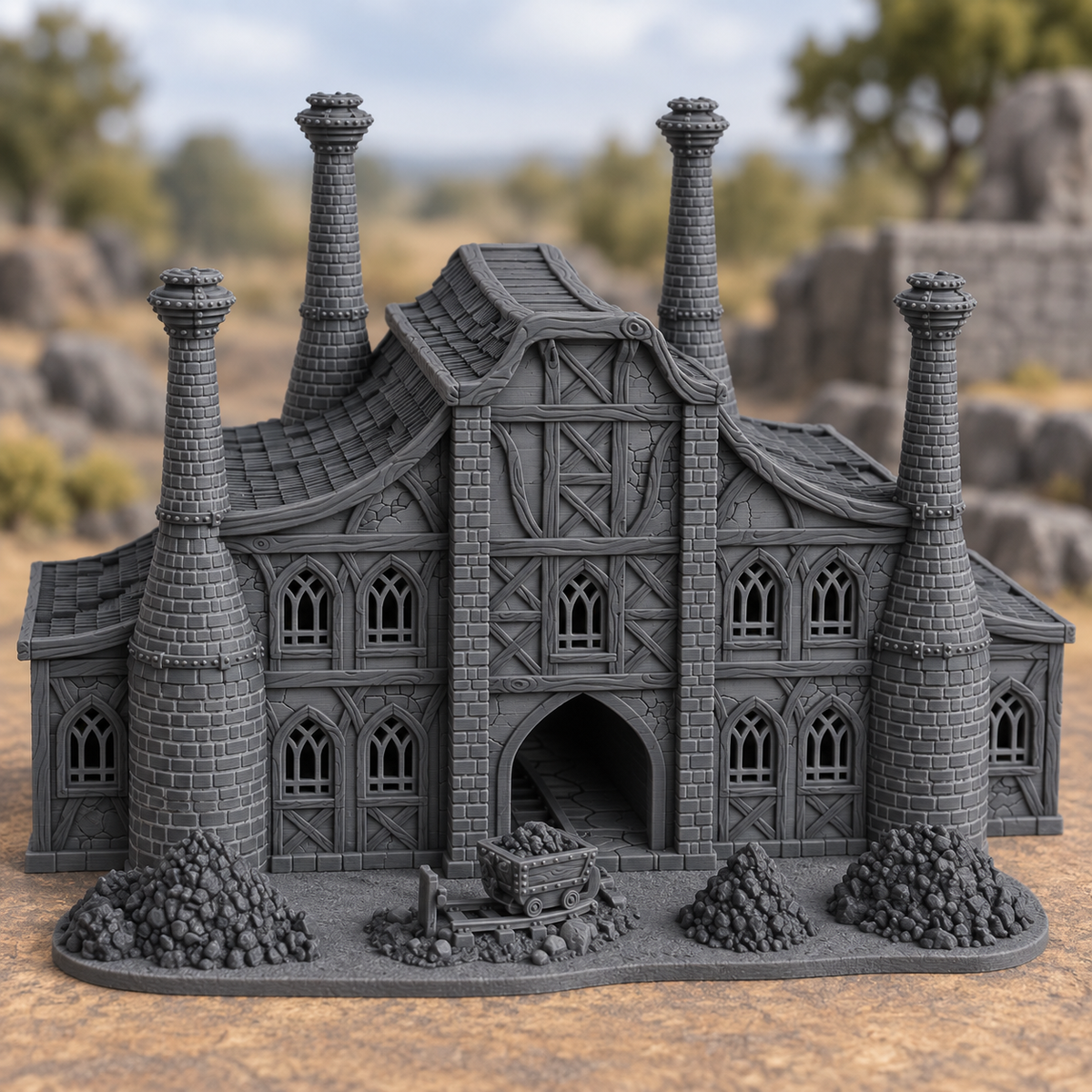 Supplementary product photo for The Forge - 28mm Tabletop Terrain Piece in unpainted charcoal grey PLA