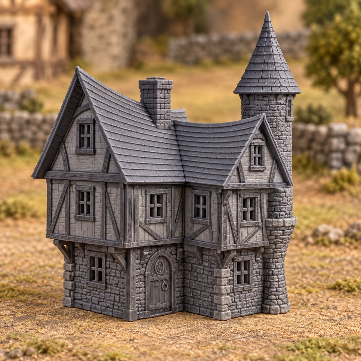 Supplementary product photo for Tower Top House - 28mm DND/Wargame/RPG Terrain in unpainted charcoal grey PLA