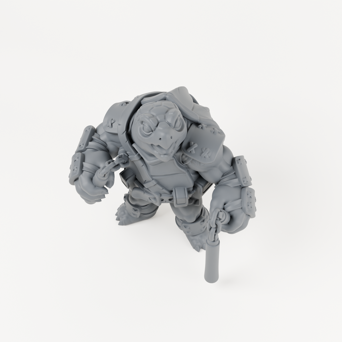 Turtle Nunchuck unpainted grey resin miniature, angled view