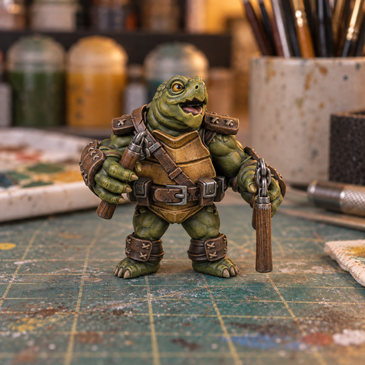 Turtle Nunchuck, Slapchop-painted display example. Supplied unpainted. Background items not included.