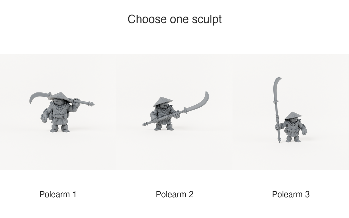 Turtle Polearm Warriors available sculpt choices; one chosen miniature per order