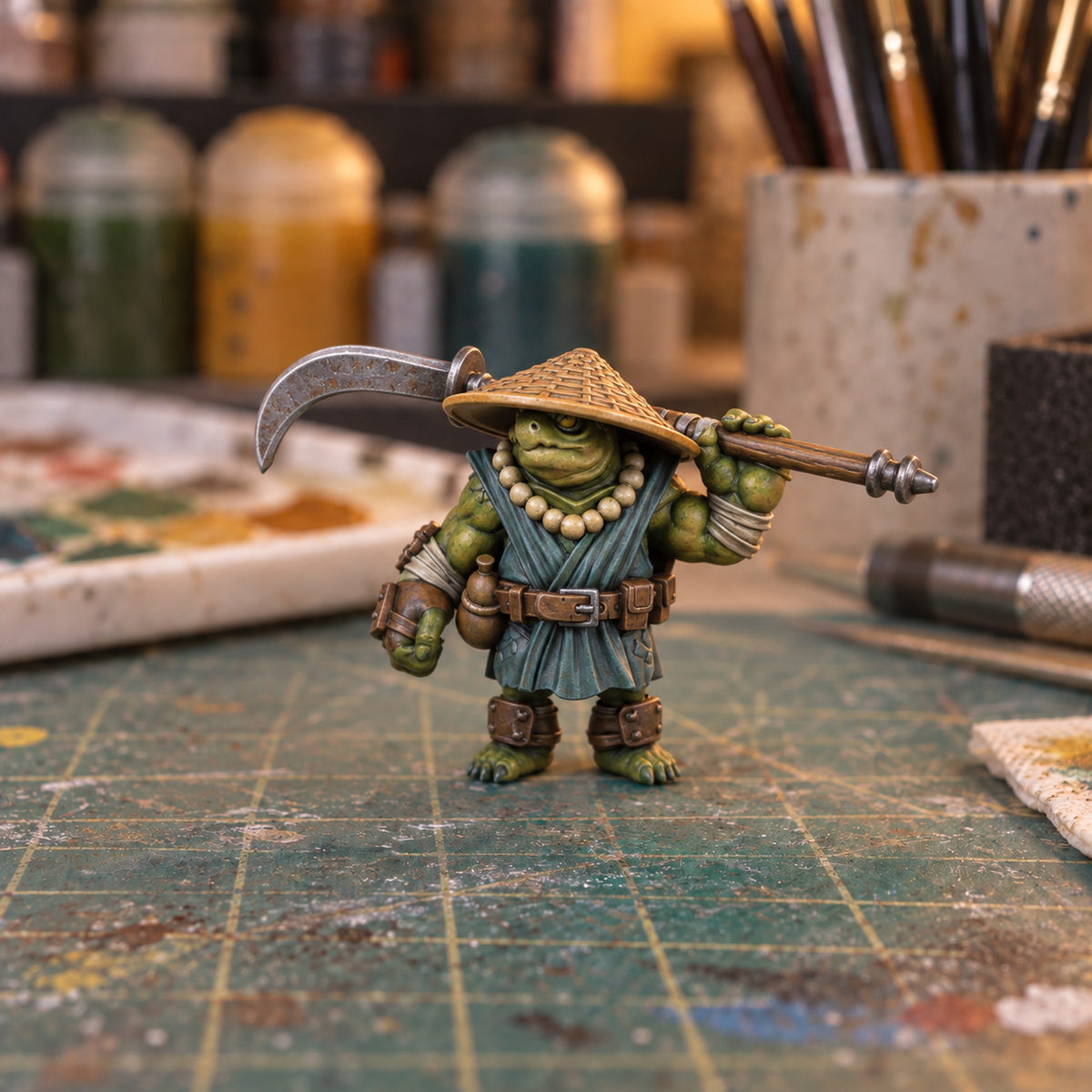 Turtle Polearm 1, Slapchop-painted display example. Supplied unpainted. Background items not included.