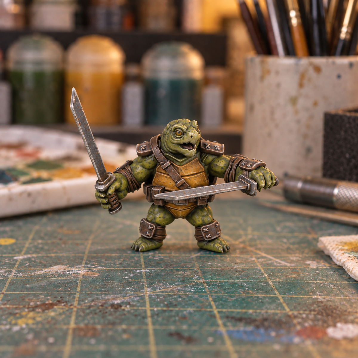 Turtle Swordsman 1, Slapchop-painted display example. Supplied unpainted. Background items not included.