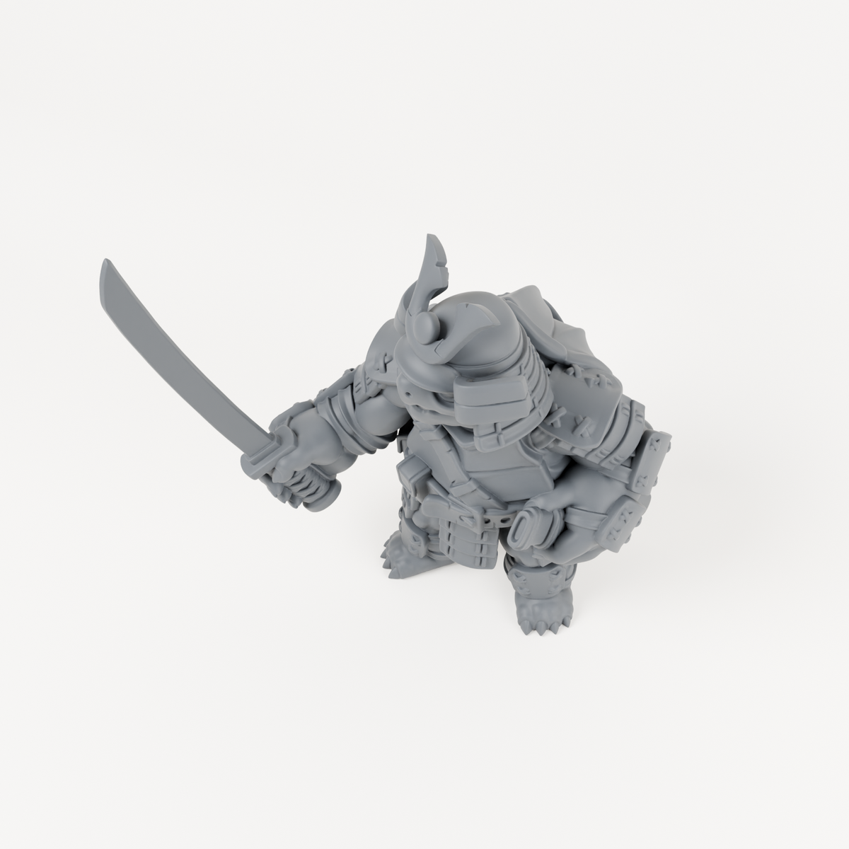 Turtle Samurai 1 unpainted grey resin miniature, angled view