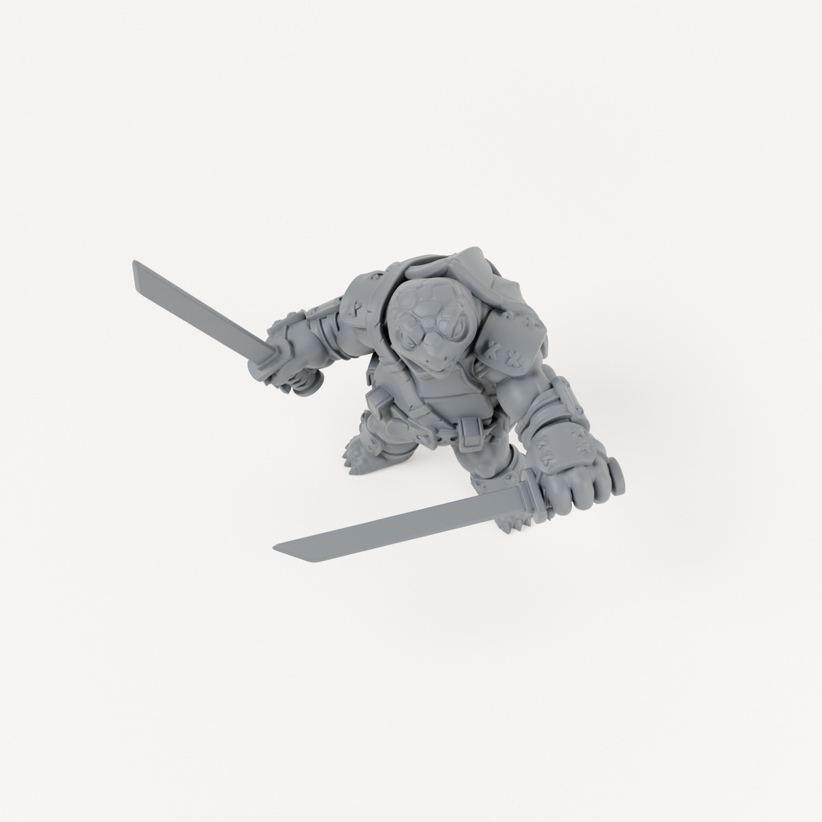Turtle Swordsman 1 unpainted grey resin miniature, angled view