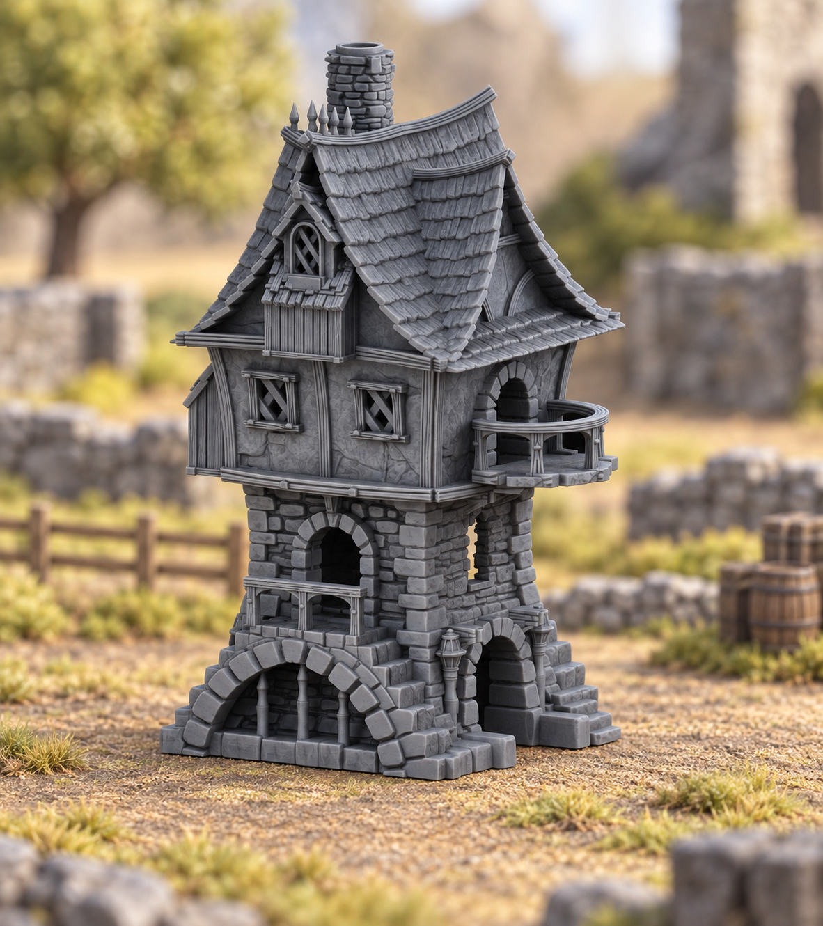 Supplementary product photo for Two Story Gabled House - 28mm Tabletop Terrain in unpainted charcoal grey PLA
