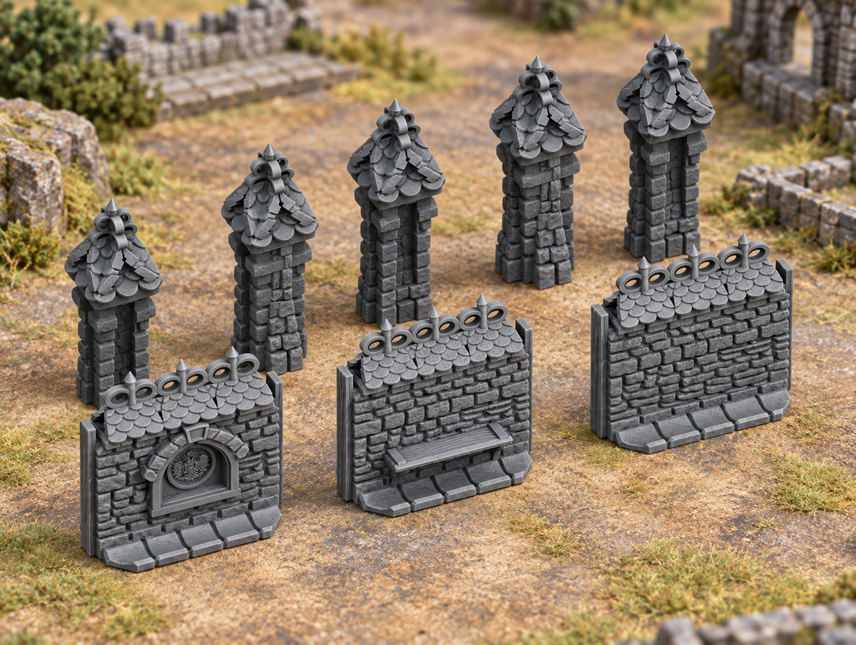 Supplementary product photo for Wall Set 1 - 28mm Tabletop Terrain in unpainted charcoal grey PLA