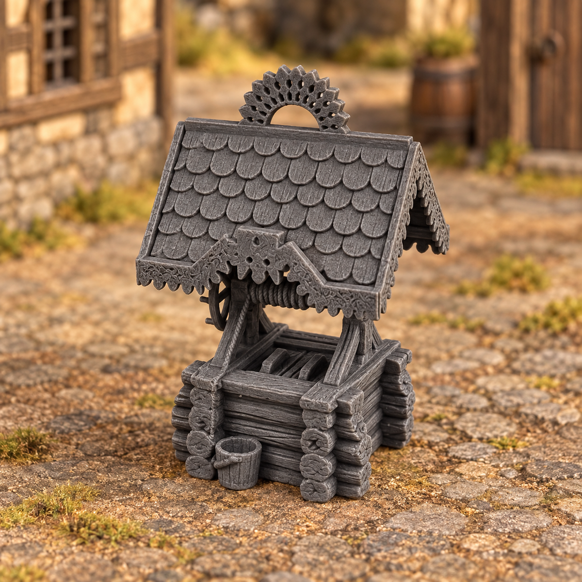 Supplementary product photo for Water Well 28mm DND Terrain | Tabletop Wargaming Scatter Scenery for Warhammer, Frostgrave & RPG | Unpainted 3D Printed in unpainted charcoal grey PLA