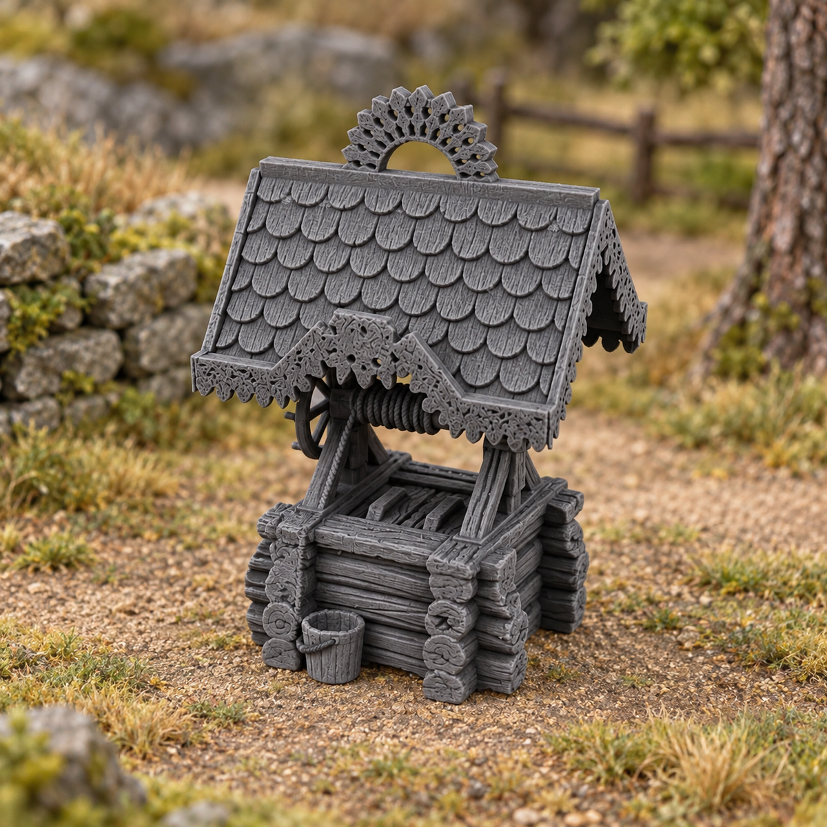 Supplementary product photo for Water Well 28mm DND Terrain | Tabletop Wargaming Scatter Scenery for Warhammer, Frostgrave & RPG | Unpainted 3D Printed in unpainted charcoal grey PLA