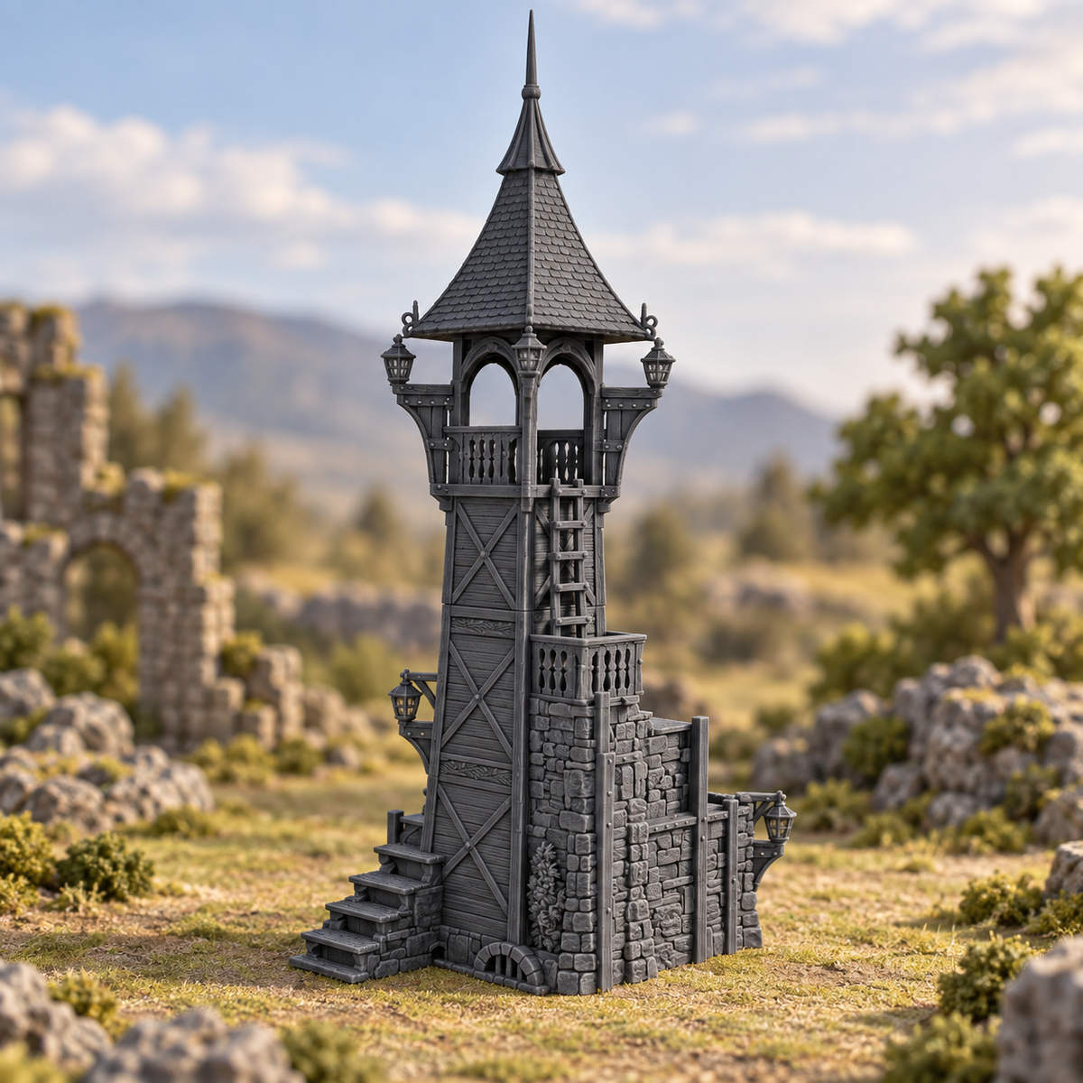 Supplementary product photo for Weatherstorm Tower 28mm DND Terrain | Tabletop Wargaming Scenery for Warhammer, Frostgrave & RPG | Unpainted 3D Printed in unpainted charcoal grey PLA