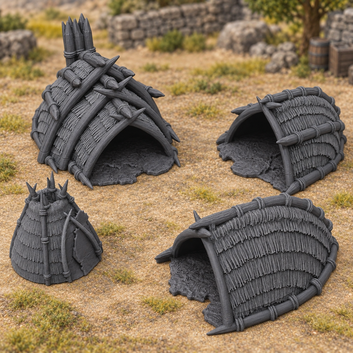 Supplementary product photo for Wildman Huts - 28mm Tabletop Terrain for Epic Adventures in unpainted charcoal grey PLA