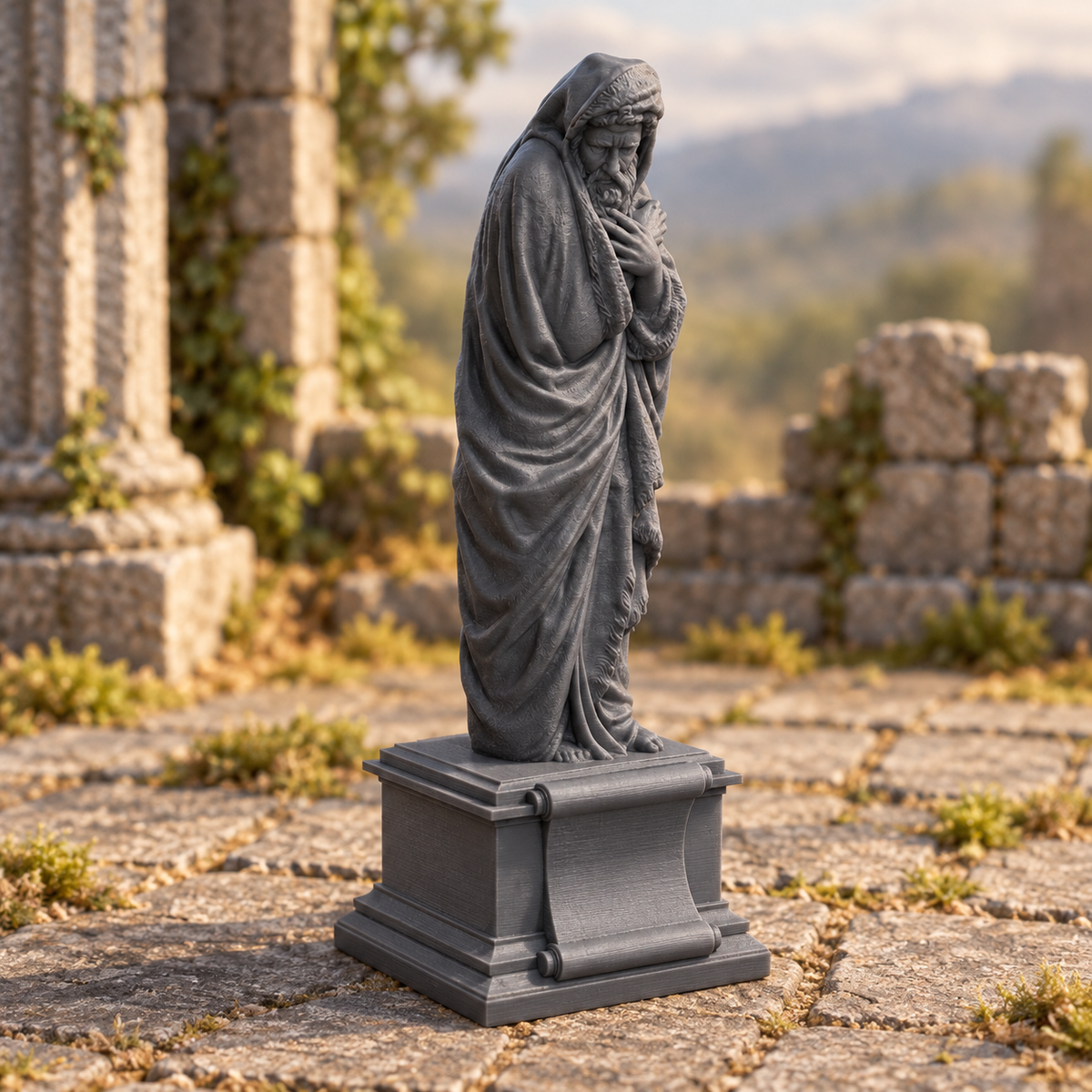 Supplementary product photo for Winter Statue 28mm DND Scatter Terrain | Tabletop Wargaming Scenery for Warhammer, Frostgrave & RPG | 3D Printed in unpainted charcoal grey PLA